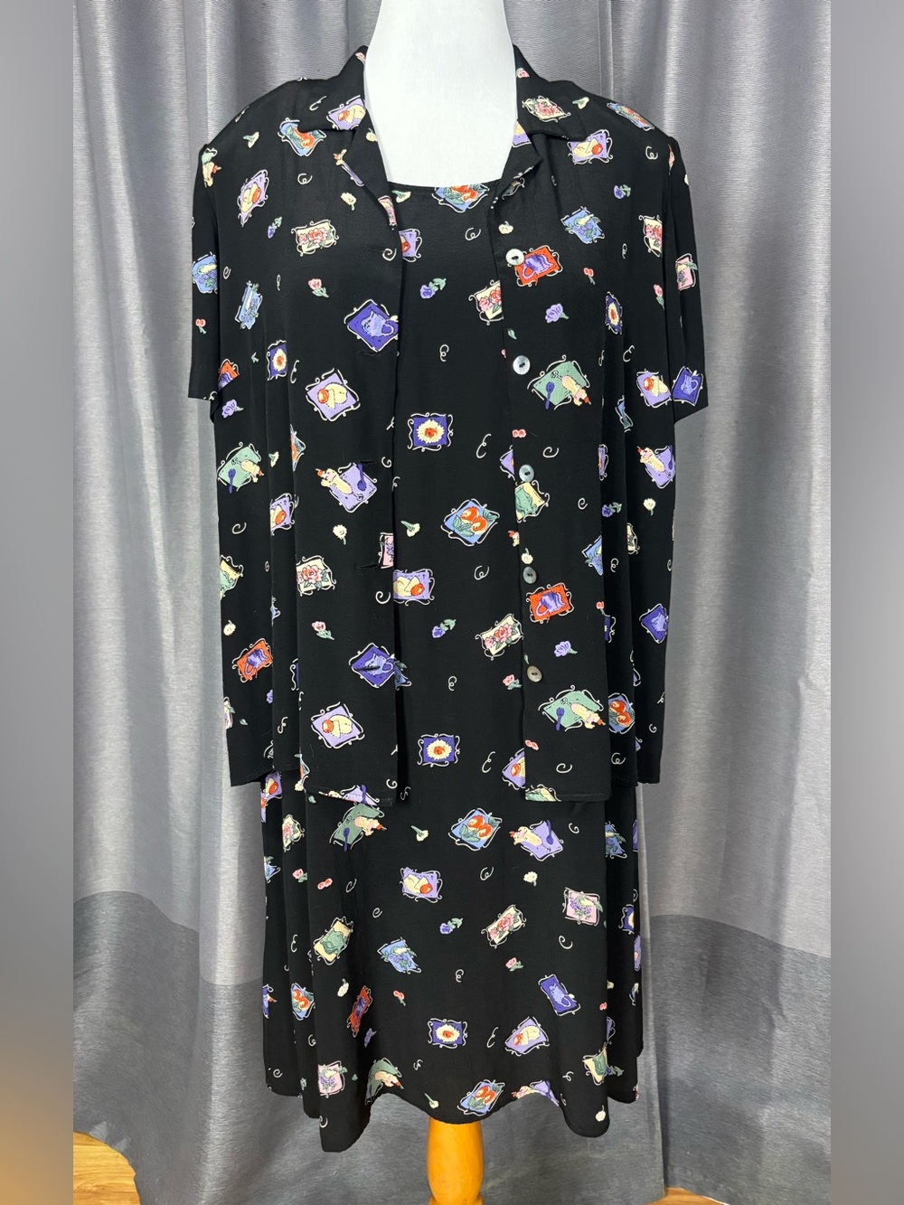 Vintage 90s Jeffrey & Dara Cute Novelty Print Two Piece Dress Set XL
